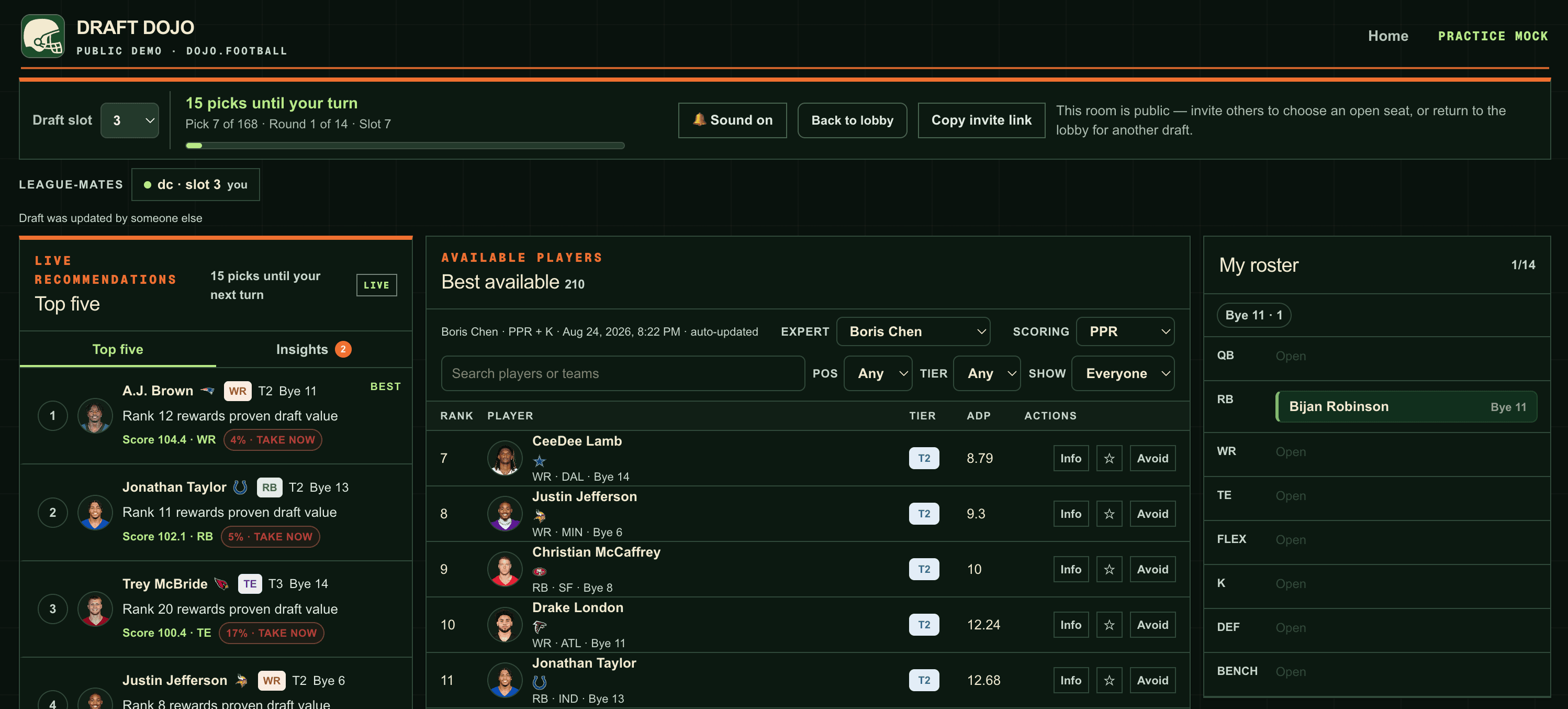 In-progress draft with a turn countdown, live Top Five recommendations, available-player rankings, and roster status
